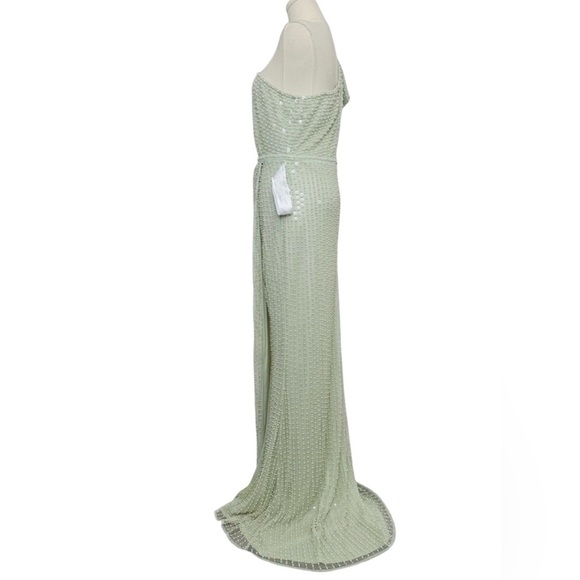 NWT $598 Mac Duggal Pearl Embellished Soft Tie One Shoulder Gown Mint Green Teal - Picture 8 of 14